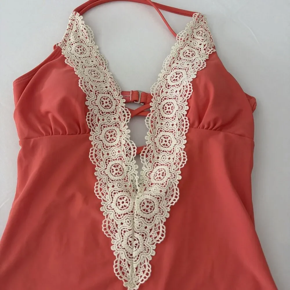 CUPSHE Womens Sz M One Piece Swimsuit Peach Coral Floral Lace Crochet Boho EUC